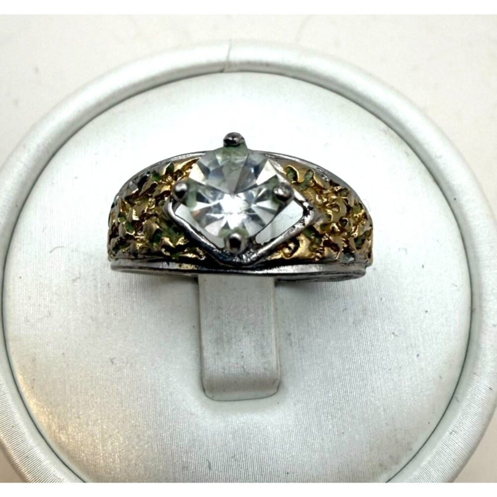 Two Tone Solitaire Style Ring Clear Stone Gold Tone Silver Tone Fashion Jewelry